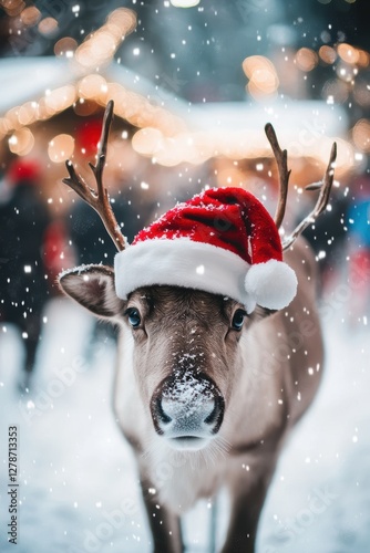Reindeer wearing Santa hat in snowy winter landscape with festive lights, celebrating Christmas holiday season, joyful atmosphere, winter wonderland magic. photo