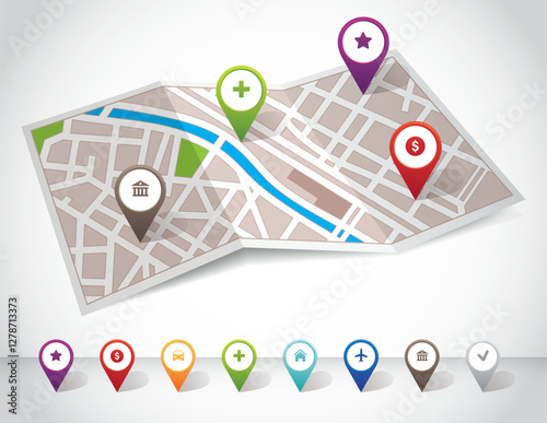 City map with navigation pins, 3d prespective, vector file