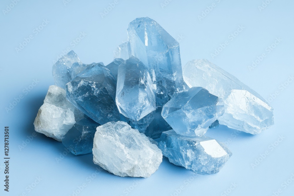 Pile of clear blue celestite crystals on a blue background Pile of clear blue celestite crystals on a blue background