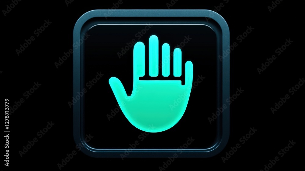 Glowing Icon of a Hand Extending Forward Symbolizing Stop or Caution in a Futuristic Style Glowing Icon of a Hand Extending Forward Symbolizing Stop or Caution in a Futuristic Style