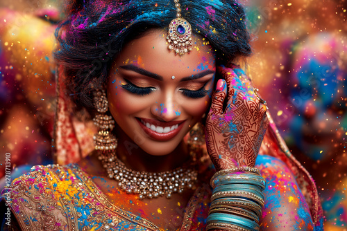 Wallpaper Mural Woman wearing a colorful Indian dress and a gold necklace is smiling. She is surrounded by a lot of colorful paint, which gives the impression of a festival or celebration Torontodigital.ca