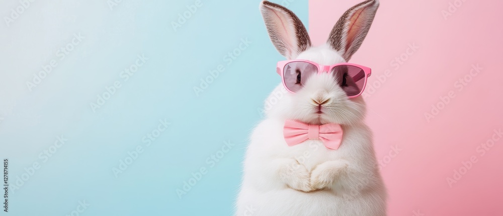 Obraz premium Rabbit wearing sunglasses and bow tie posing in studio against pink and blue background, fun pet photography, stylish easter concept, adorable animal portrait.