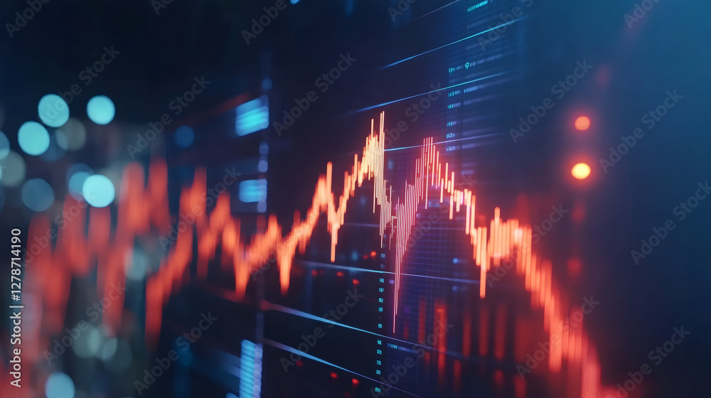 Red stock market price chart showing bearish downtrend and financial crisis on digital screen with blurred city lights in the background