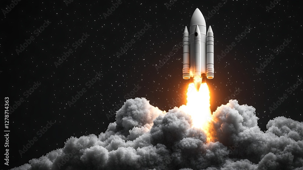Fototapeta premium Rocket Launching into Space, A rocket launching into space, surrounded by clouds and a starry sky