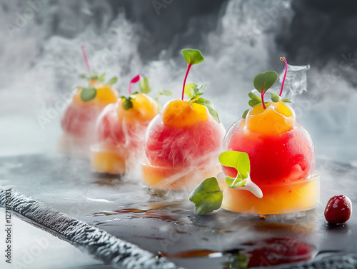Photograph of a gourmet molecular gastronomy dish, beautifully plated with artistic precision.