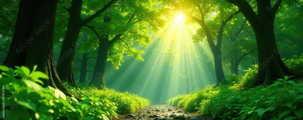 Fototapeta premium Lush emerald canopy, vibrant foliage, dappled sunlight , texture, scenic