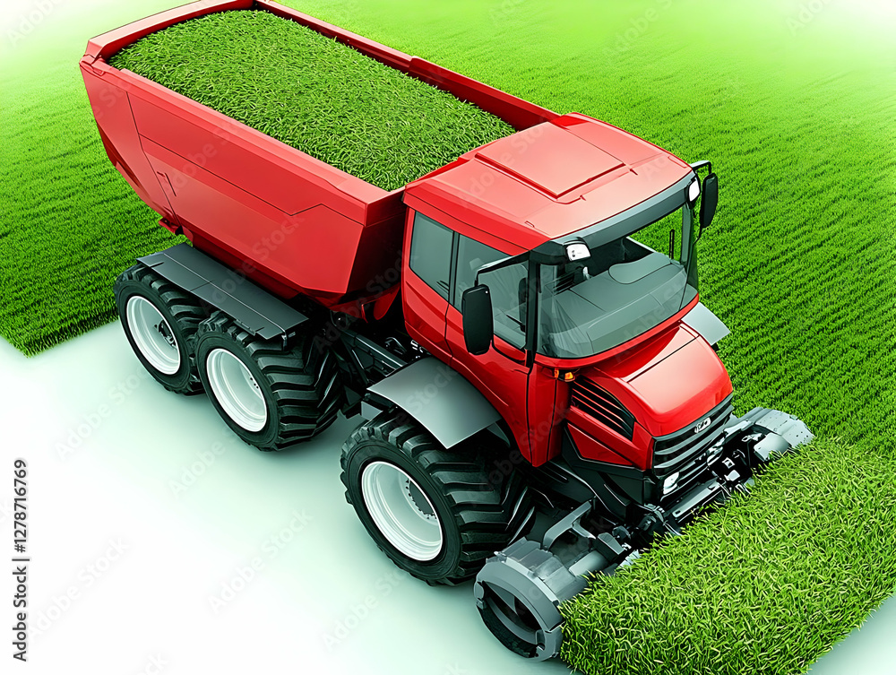 Fototapeta premium Red Tractor Harvesting Grass 3D Illustration