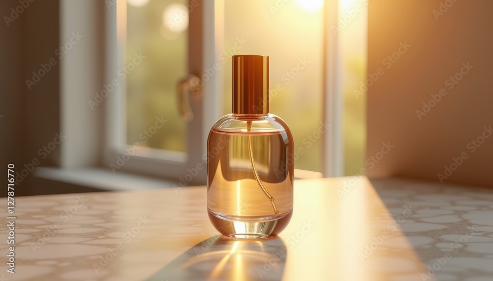 Luxury roll-on perfume mockup with transparent glass bottle and golden cap, placed on a marble surface, warm golden hour lighting, high-end aesthetic Luxury roll-on perfume mockup with transparent glass bottle and golden cap, placed on a marble surface, warm golden hour lighting, high-end aesthetic