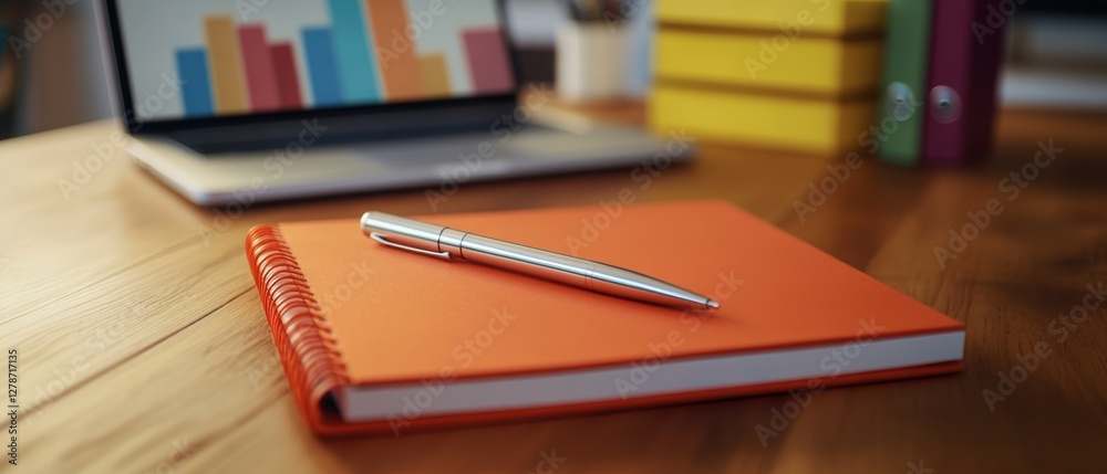Notebook and pen on wooden table with laptop, open notepad, workspace setup for studying or creative brainstorming, productivity tools for success. Notebook and pen on wooden table with laptop, open notepad, workspace setup for studying or creative brainstorming, productivity tools for success.