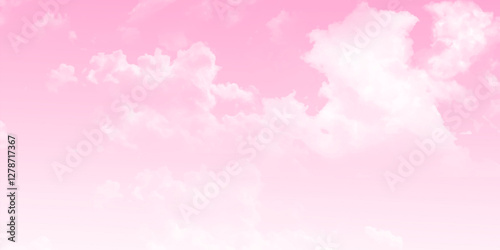 Pink sky and white soft clouds background. Sweet sky with cloud scape colorful. Vector illustration.