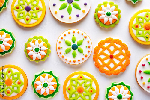 Decorated cookies, spring theme, white background, flatlay, food blog photo