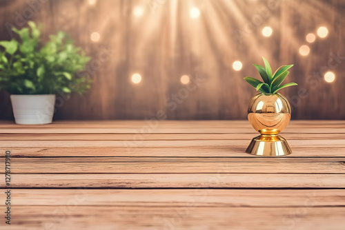 Golden Vase Plant Wooden Ba...