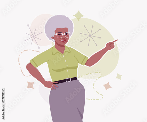 Senior woman african american old lady, kind grandmother finger point. Experienced grandma older elegant nice looking granny elderly person. Vector flat style cartoon illustration creative background