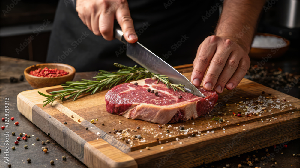 Chef Slicing Raw Steak on Wooden Cutting Board Chef Slicing Raw Steak on Wooden Cutting Board