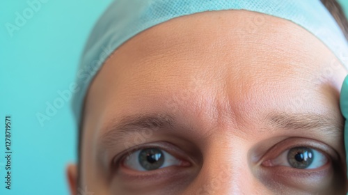 Man with medical scrubs and surgical cap showing focused expression, preparing for surgery or medical procedure in healthcare environment. photo