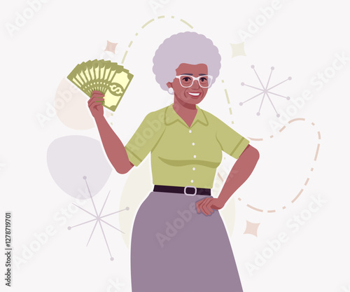 Senior rich woman african american old lady, kind grandmother winner. Experienced grandma older elegant nice looking granny elderly person. Vector flat style cartoon illustration creative background