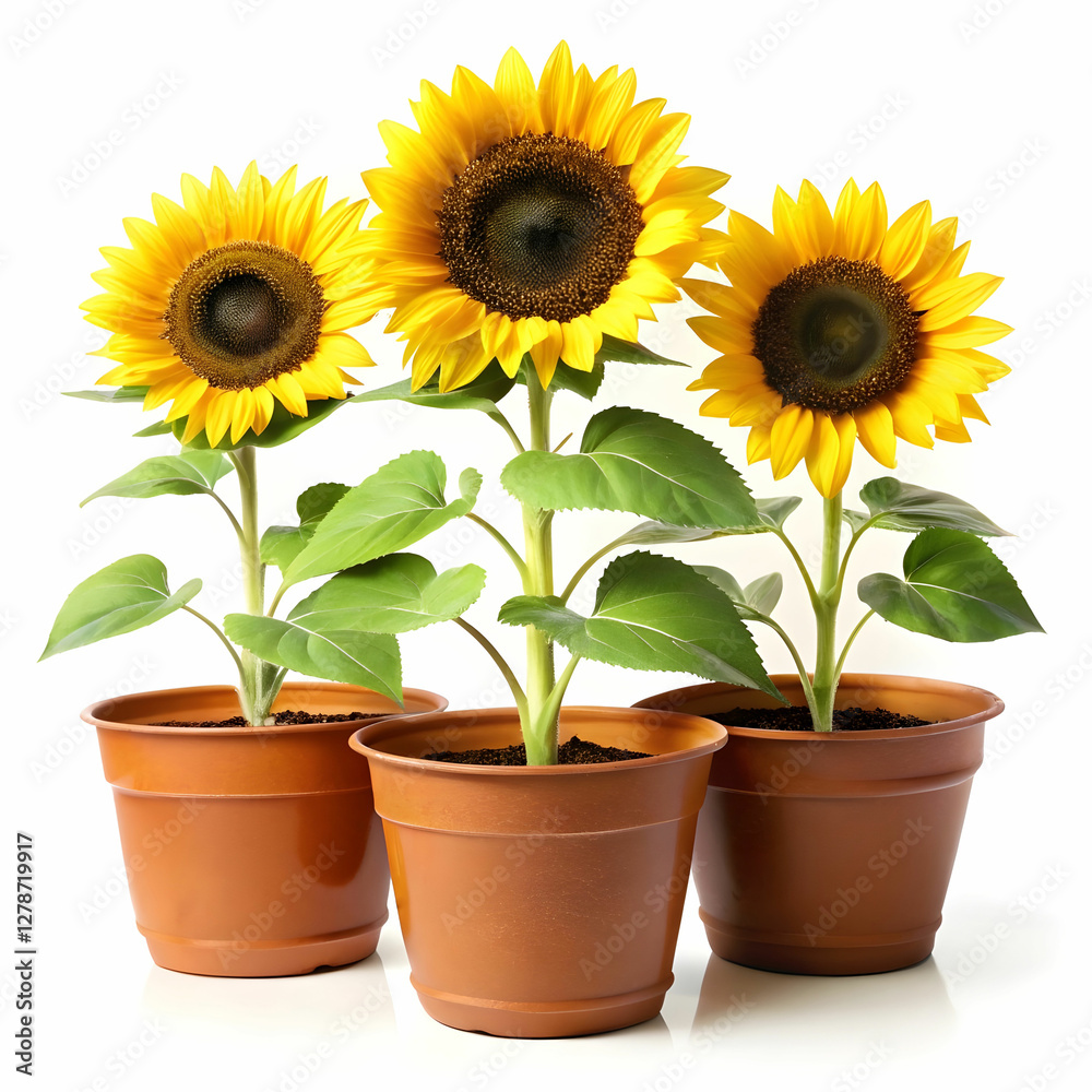 Obraz premium three pots of sunflower plants on white background