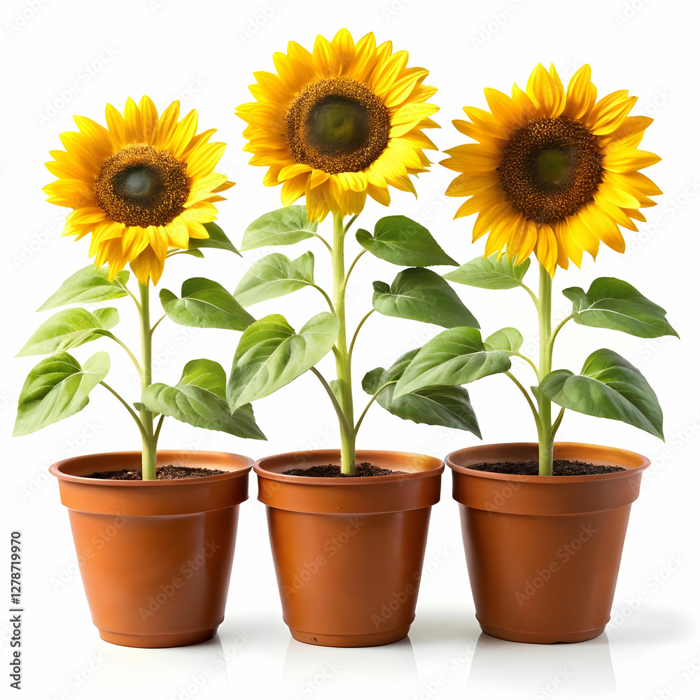 Obraz premium three pots of sunflower plants on white background