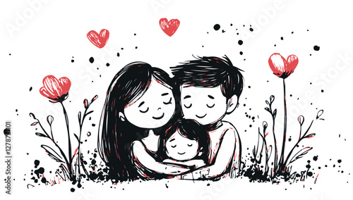 Family portrait of happy mother, father and daughter. Family hugs illustration
