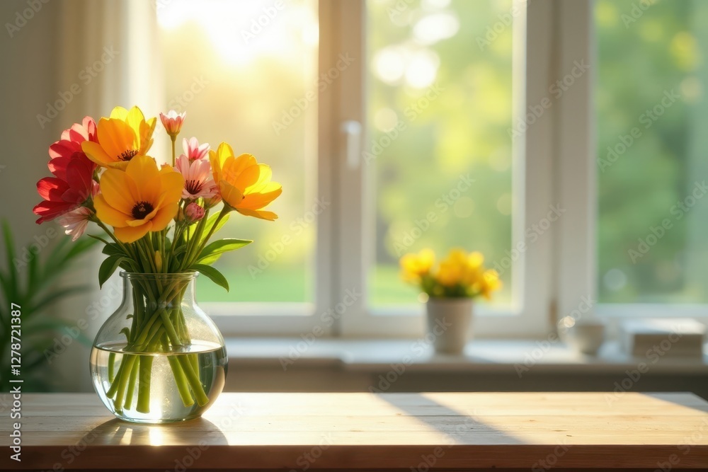 Sunlit freesia arrangement in simple glass vase on wooden table , interior, sunny Sunlit freesia arrangement in simple glass vase on wooden table , interior, sunny