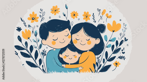 Family portrait of happy mother, father and children. Family hugs illustration