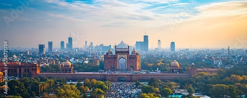 The Delhi Business Hub skyline, with towering skyscrapers and busy streets in the foreground, creating a powerful and energetic view of India's capital