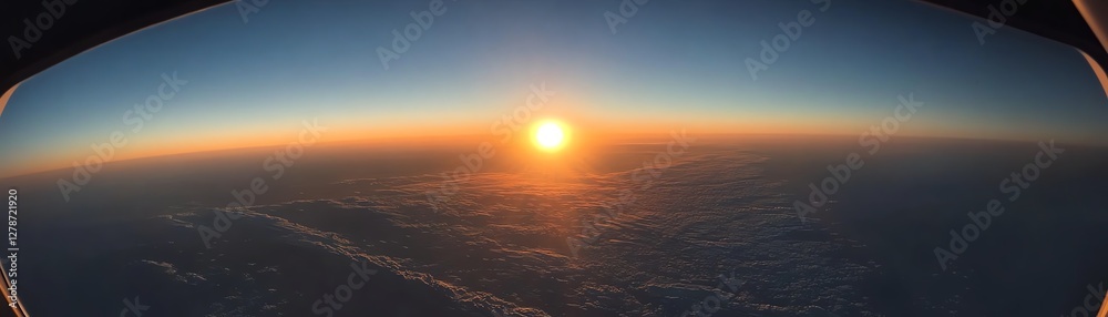 Beautiful sunrise above the clouds, panoramic view from an airplane window. Beautiful sunrise above the clouds, panoramic view from an airplane window.