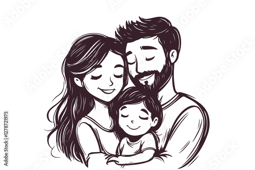 Family portrait of happy mother, father and baby. Family hugs illustration, sketch