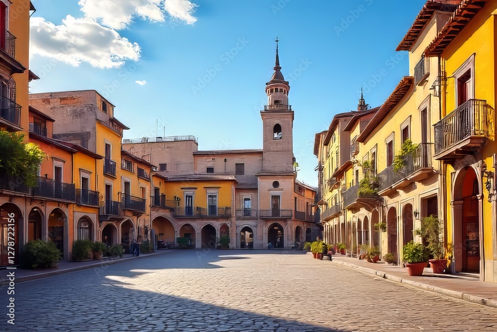 Obraz premium Picturesque Square in a Historic Spanish Town with Colorful Buildings and Stone Pavement