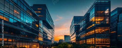 Delhi Business Hub in the evening, with office lights glowing against the darkening sky, showcasing the thriving financial and commercial sector of the city