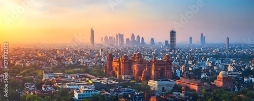A wide-angle shot of Delhi Business Hub's skyline, with modern office towers and traditional elements of the city blending together