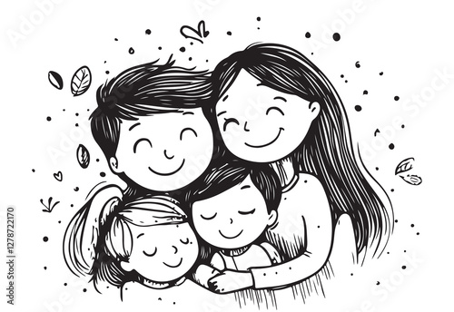 Family portrait of happy mother, father and children. Family hugs illustration