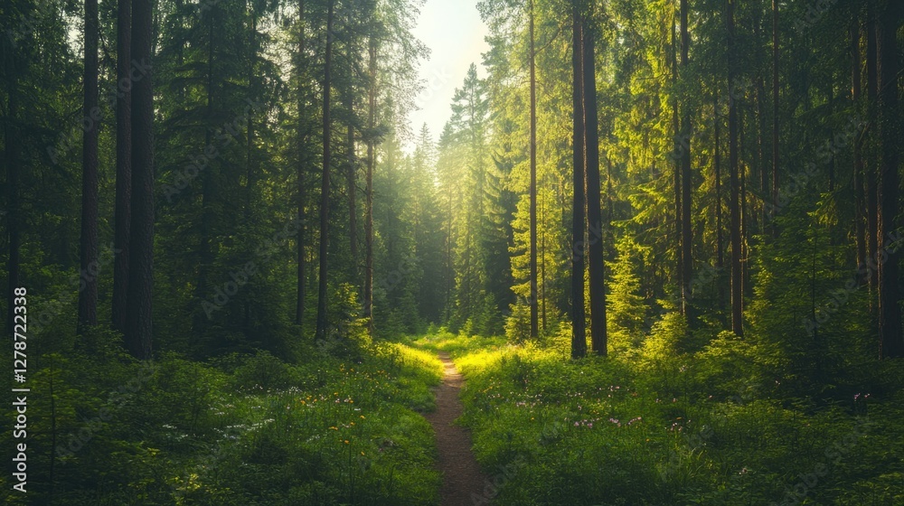 Fototapeta premium Lush forest path illuminated by sunlight, creating serene atmosp