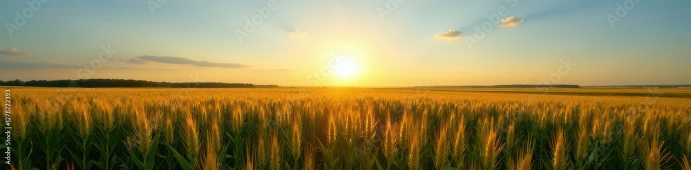 Vast cornfield at daybreak, sun rising over clear blue sky , sunrise, field Vast cornfield at daybreak, sun rising over clear blue sky , sunrise, field
