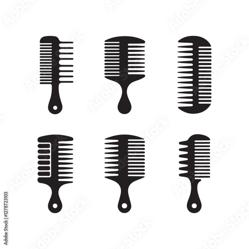 Black and white, hair combs, grooming tools, variety of comb styles, minimalist design 