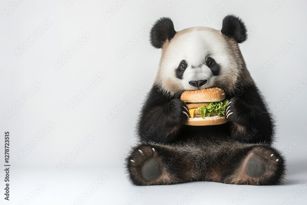 Naklejka premium Cute panda cub enjoying a delicious hamburger in studio setting