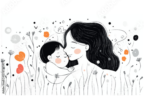 Happy International Mother's Day. Mother hugs her child, sketch, doodles drawn