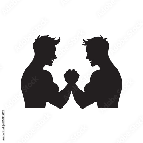 silhouette, two muscular men arm wrestling,  black and white, minimalist design