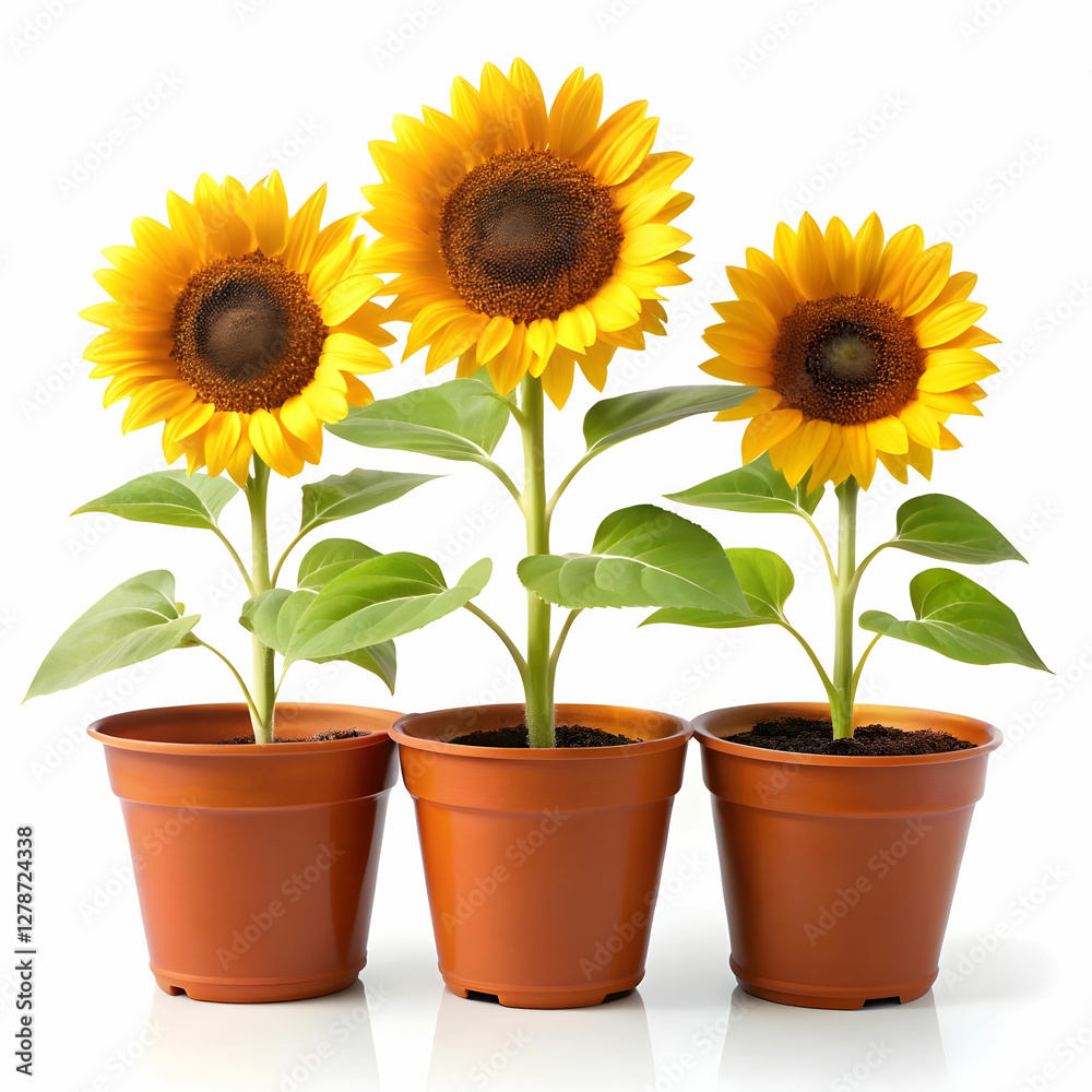 Obraz premium three pots of sunflower plants on white background
