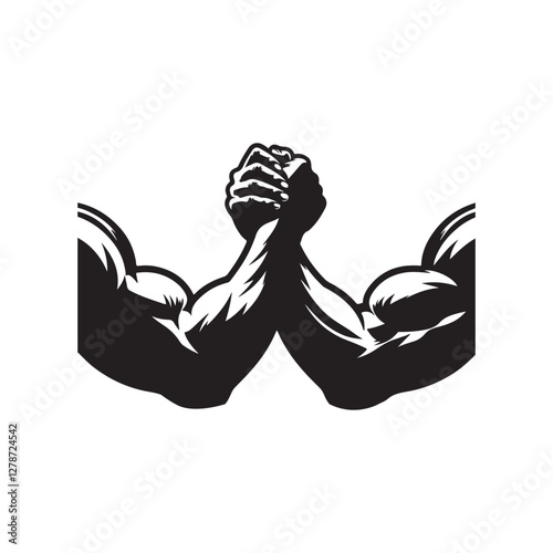 silhouette, two muscular men arm wrestling,  black and white, minimalist design