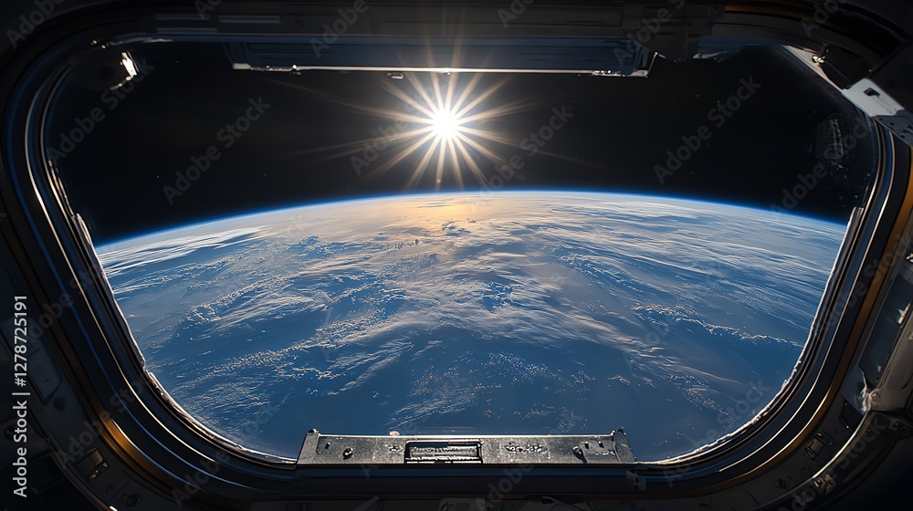 View of Earth from space through a spacecraft window, showcasing sunlit clouds. View of Earth from space through a spacecraft window, showcasing sunlit clouds.