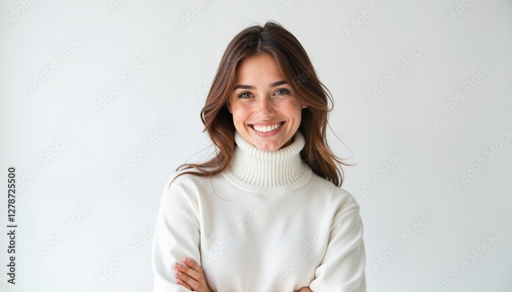 Smiling young woman in white sweater on light background, perfect for lifestyle blogs Smiling young woman in white sweater on light background, perfect for lifestyle blogs