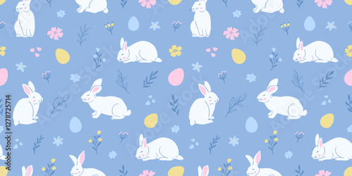 Easter cute seamless pattern with cute white rabbits and Easter eggs. Vector illustration