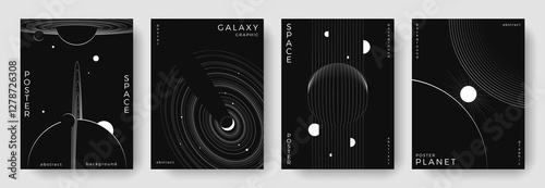 Set of abstract space astronomy backgrounds. Line art galaxy, universe, planet, solar system. Science future concept. Cosmic minimalist design for cover, poster, layout, banner, flyer, brochure