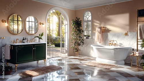 Elegant and Bright Modern Bathroom Design with Golden Accents and Natural Sunlight