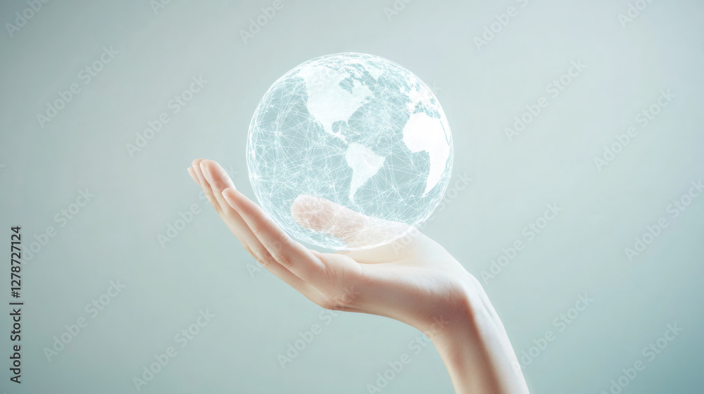 Hand holding a luminous globe with network connections, symbolizing global communication and technology Hand holding a luminous globe with network connections, symbolizing global communication and technology