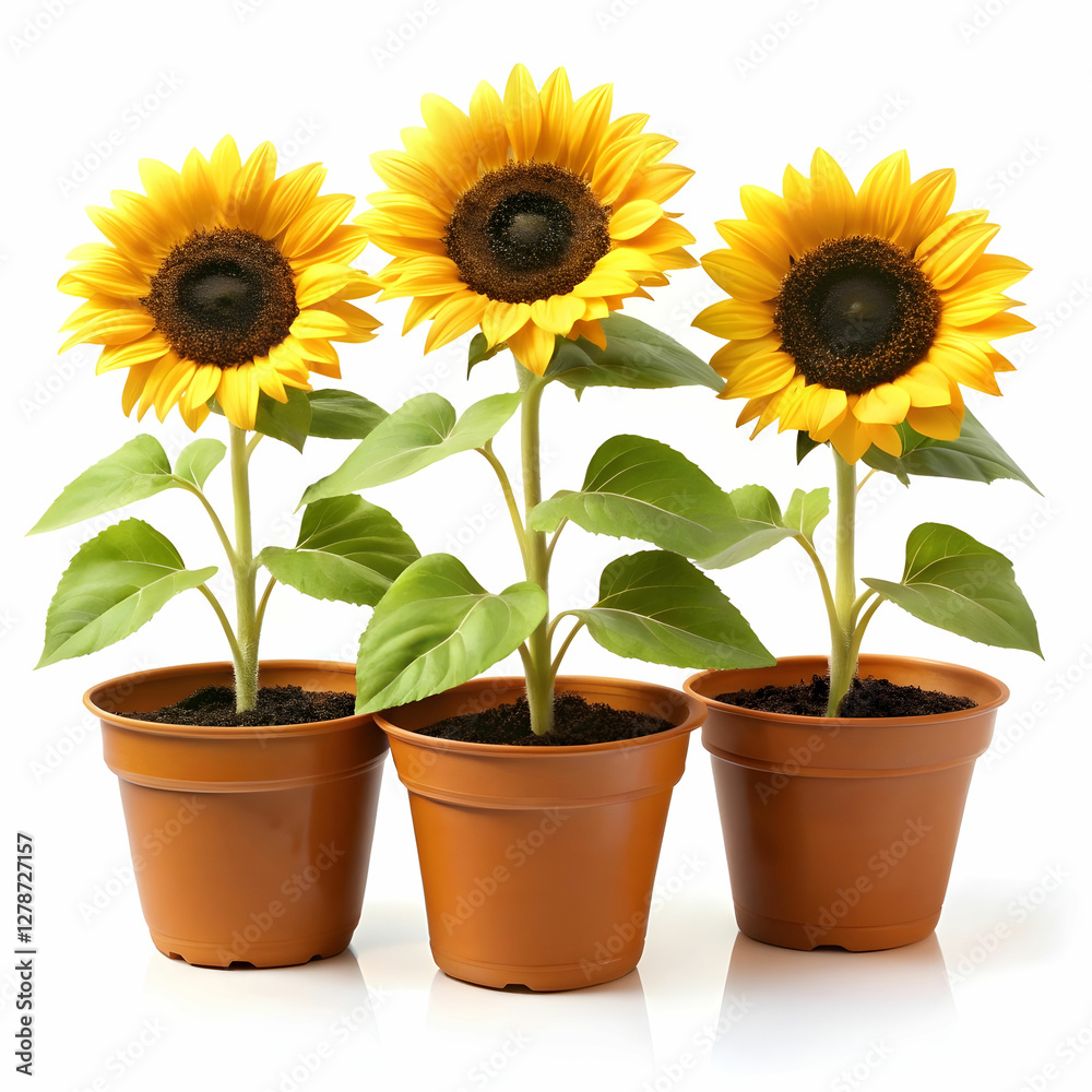 Obraz premium three pots of sunflower plants on white background