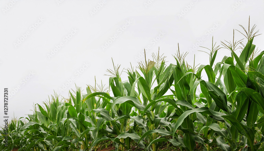 Fototapeta premium corn plants with fresh green leaves and partially exposed corn cobs, natural textures and colors of the plants, agriculture, farming, organic food, and sustainability