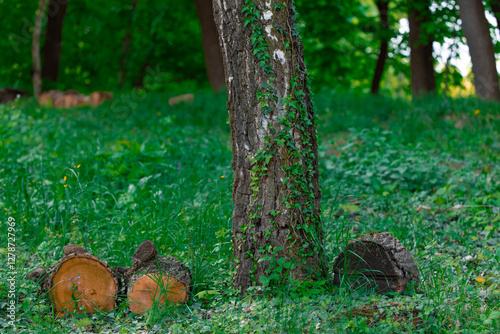 tree bark stump and curly creep plant summer forest small meadow local nature scene environment space of June photo