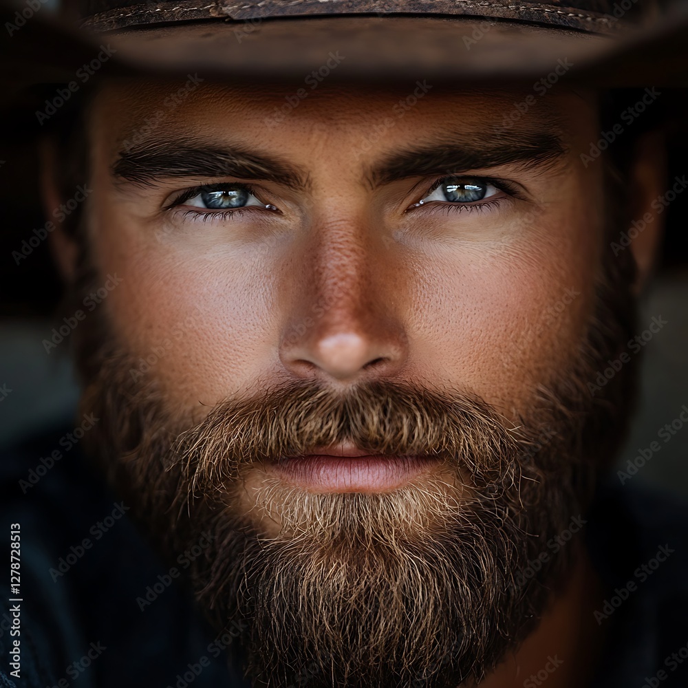 Obraz premium Close-up portrait of man in cowboy hat, serious expression